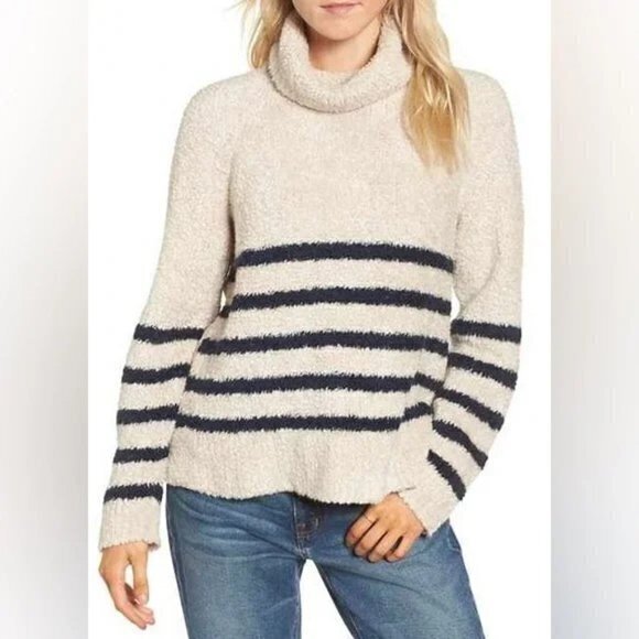 - Madewell The Mariner Striped Turtle Neck Wool Blend Sweater XS-Navy Blue/Beige - Picture 1 of 15